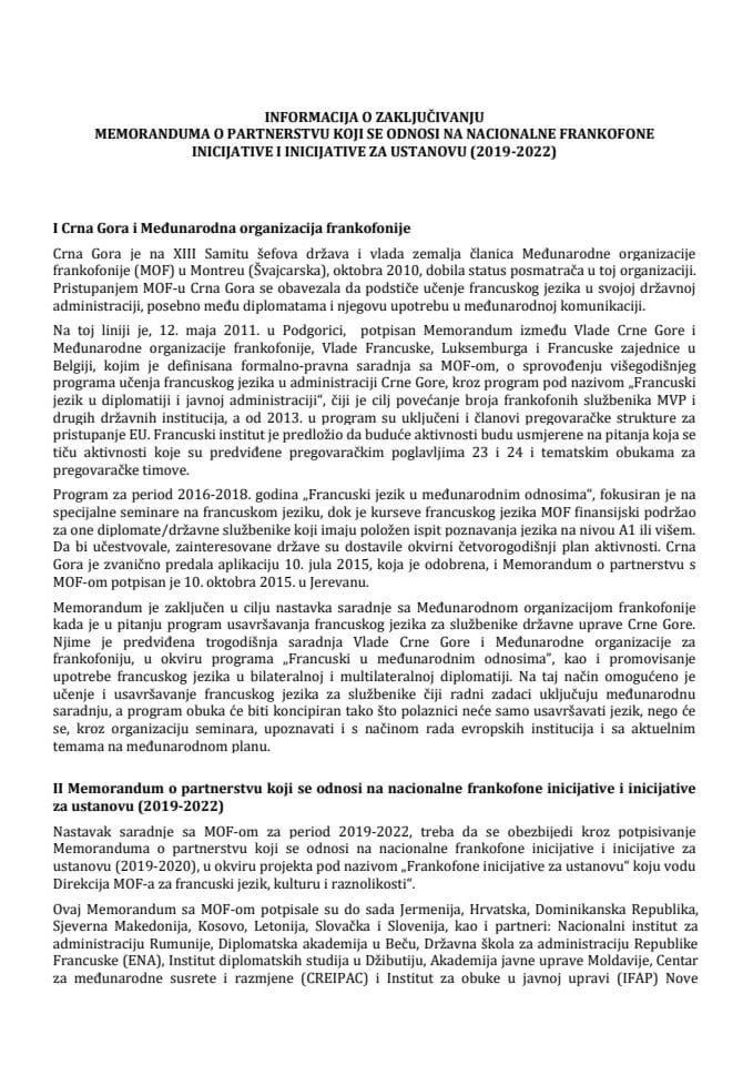 Informacija o zaključivanju Memoranduma o partnerstvu koji se odnosi na nacionalne frankofone inicijative i inicijative za ustanovu (2019-2022) s Predlogom memoranduma