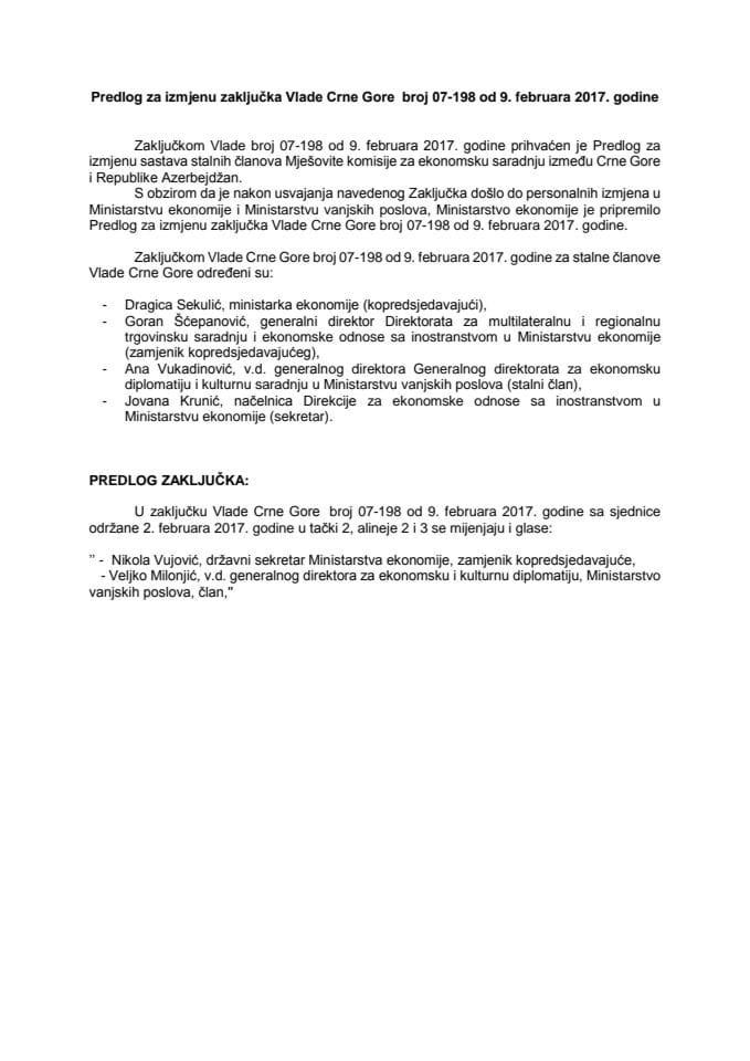 Predlog za izmjenu Zaključka Vlade Crne Gore, broj: 07-198, od 9. februara 2017. godine, sa sjednice od 2. februara 2017. godine