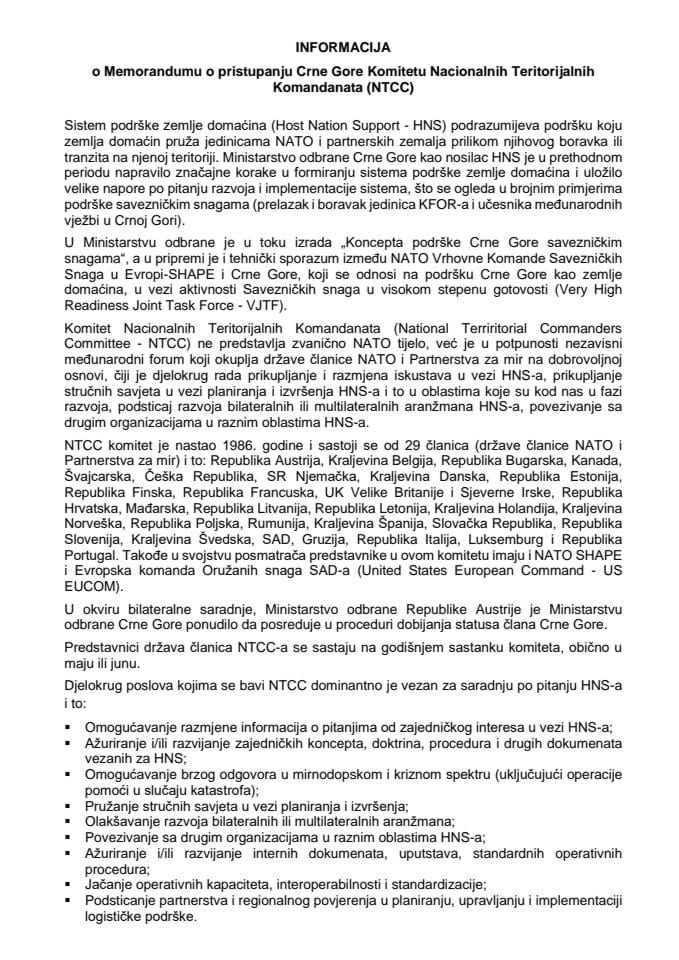 Informacija o Memorandumu o pristupanju Crne Gore Komitetu Nacionalnih Teritorijalnih Komandanata (NTCC) s Predlogom memoranduma (bez rasprave)