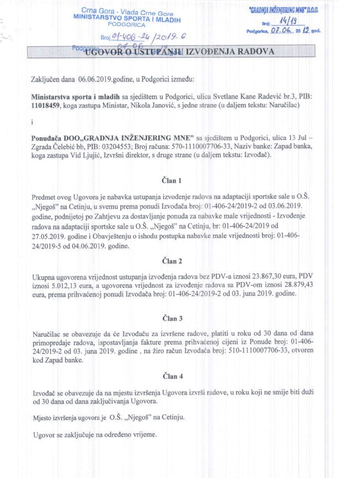 Ugovor o ustupanju izvođenja radova JU O.Š. Njegoš Cetinje