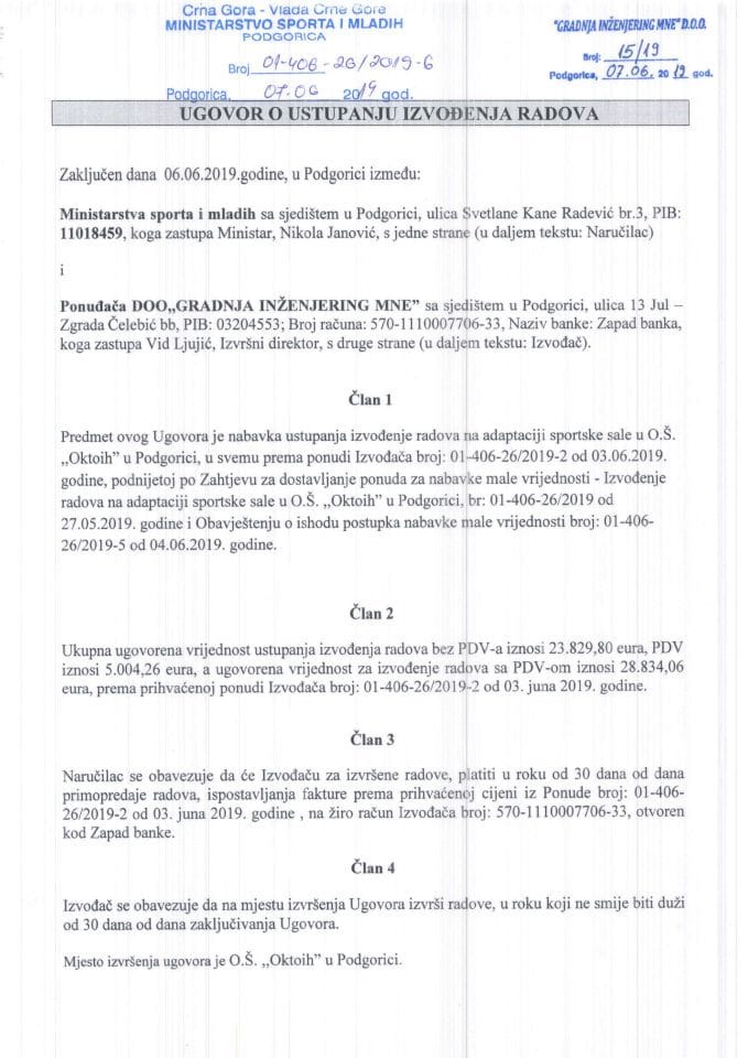 Ugovor o ustupanju izvođenja radova JU O.Š. Oktoih Podgorica