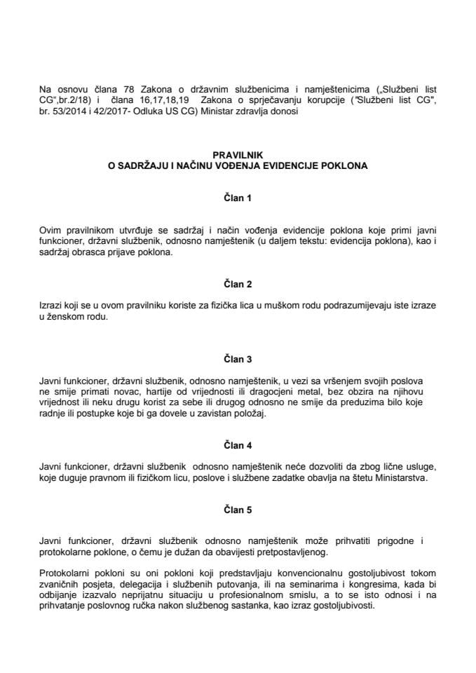 Pravilnik o sadržaju i načinu vođenja evidencije poklona