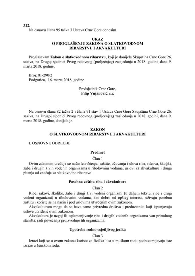 Zakon o slatkovodnom ribarstvu i akvakulturi Sl.list CG br.172018