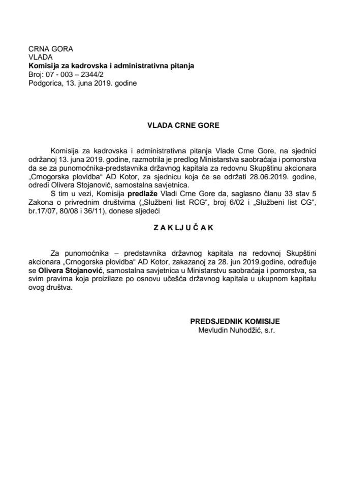 Predlog zaključka o određivanju punomoćnika – predstavnika državnog kapitala na redovnoj Skupštini akcionara "Crnogorska plovidba" AD Kotor
