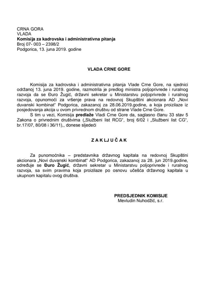 Predlog zaključka o određivanju punomoćnika – predstavnika državnog kapitala na redovnoj Skupštini akcionara "Novi duvanski kombinat" AD Podgorica