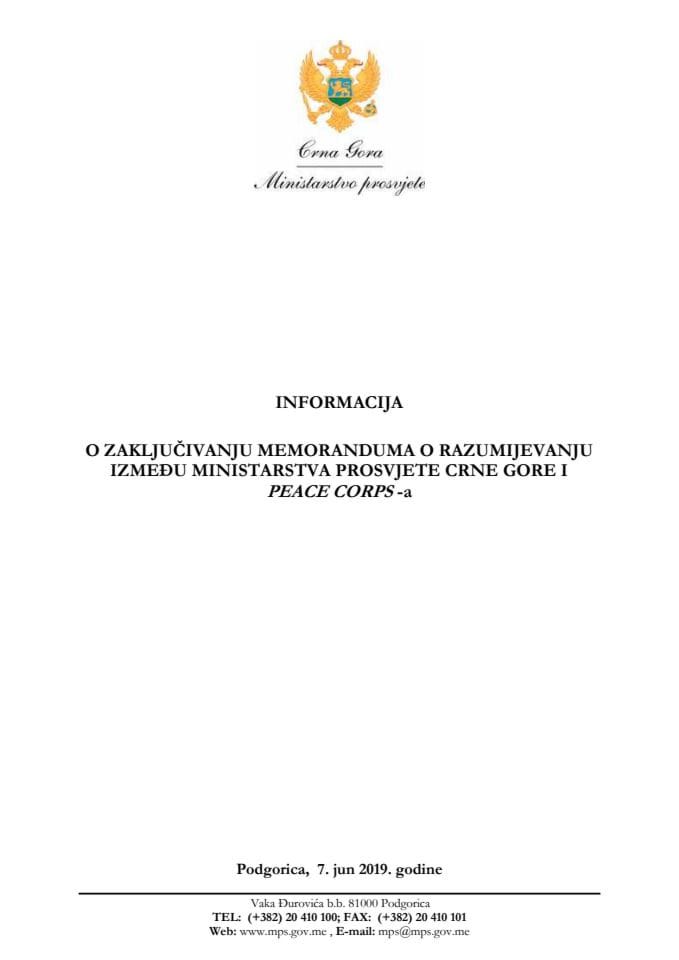 Информација о закључивању Меморандума о разумијевању између Министарства просвјете Црне Горе и Пеаце Цорпс-а с Предлогом меморандума