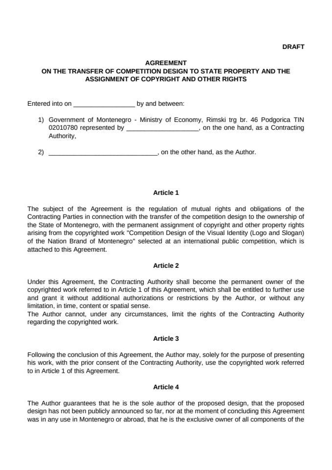 AGREEMENT ON THE TRANSFER OF COMPETITION DESIGN TO STATE PROPERTY AND THE ASSIGNMENT OF COPYRIGHT AND OTHER RIGHTS