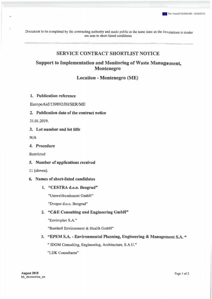 Service Contract Shortlist Notice 