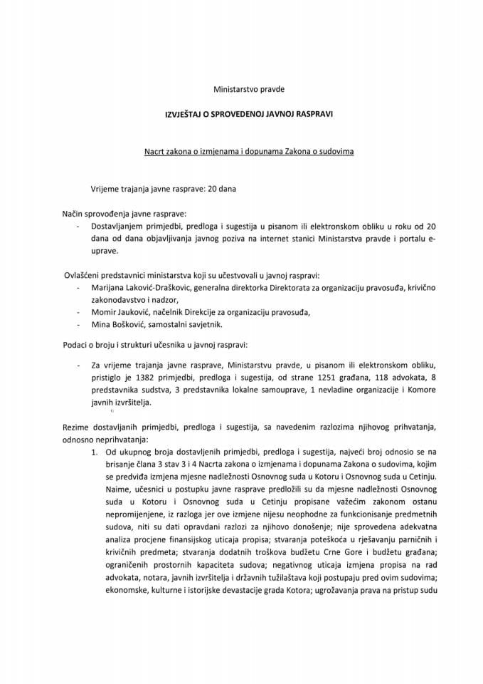 Izvještaj o sprovedenoj javnoj raspravi - Nacrt zakona o izmjenama i dopunama Zakona o sudovima