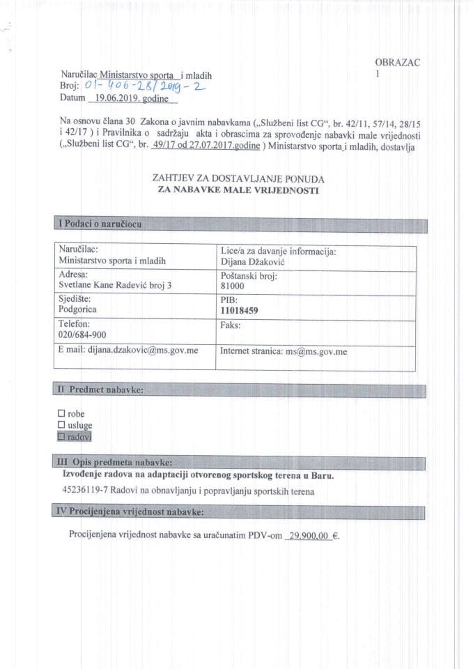 Zahtjev za dostavljanje ponuda za nabavke male vrijednosti terena u Baru