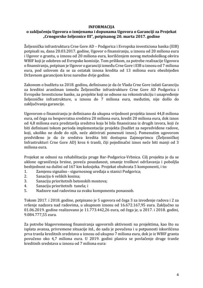 Информација о закључењу Уговора о измјенама и допунама Уговора о Гаранцији за Пројекат "Црногорске жељезнице ИИИ", потписаног 20. марта 2017. године с Предлогом уговора о измјенама и допунама Угово