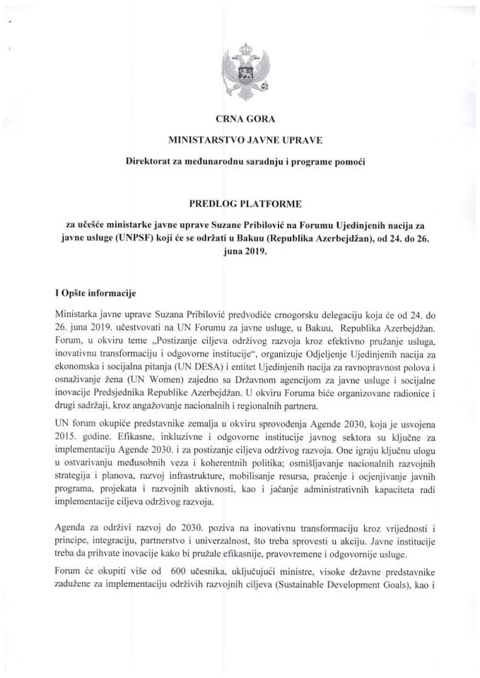 Predlog platforme za učešće Suzane Pribilović, ministarke javne uprave, na Forumu Ujedinjenih nacija za javne usluge (UNPSF), u Bakuu, Republika Azerbejdžan, od 24. do 26. juna 2019. godine (bez raspr