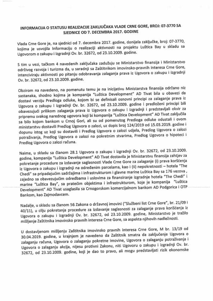 Информација о статусу реализације закључака Владе Црне Горе, број: 07-3770, са сједнице од 7. децембра 2017. године