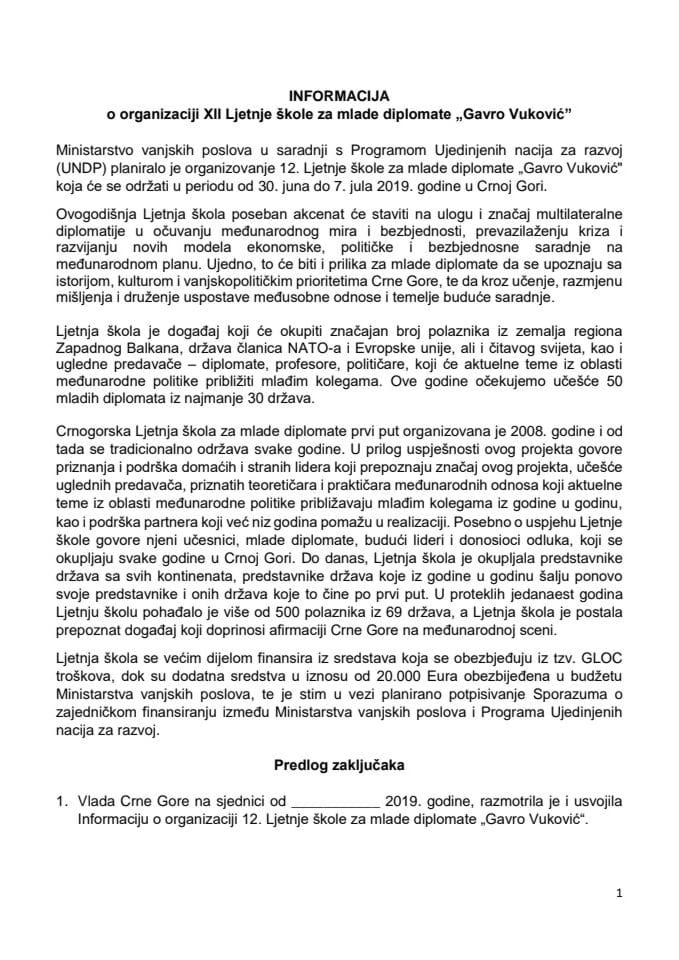 Informacija o organizaciji XII Ljetnje škole za mlade diplomate "Gavro Vuković" s Predlogom sporazuma o finansiranju između Programa Ujedinjenih nacija za razvoj i Ministarstva vanjskih poslova Crne G