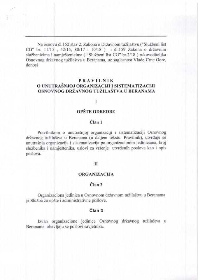 Predlog pravilnika o unutrašnjoj organizaciji i sistematizaciji Osnovnog državnog tužilaštva u Beranama