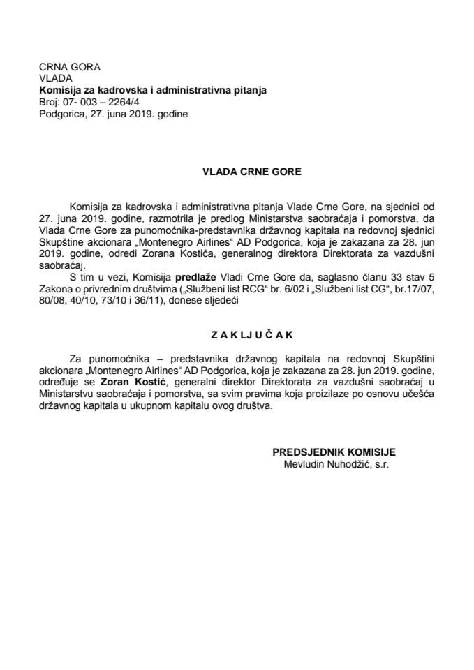 Predlog zaključka o određivanju punomoćnika – predstavnika državnog kapitala na redovnoj Skupštini akcionara „Montenegro Airlines“ AD Podgorica