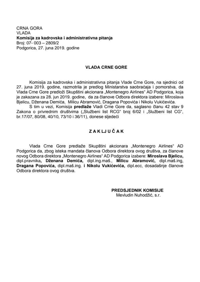 Predlog zaključka o izboru članova Odbora direktora „Montenegro Airlines“ AD Podgorica