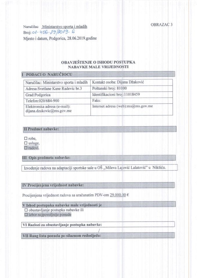 Obavjestenje Izvođenje radova na adaptaciji sportske sale u OŠ Mileva Lajović Lalatović