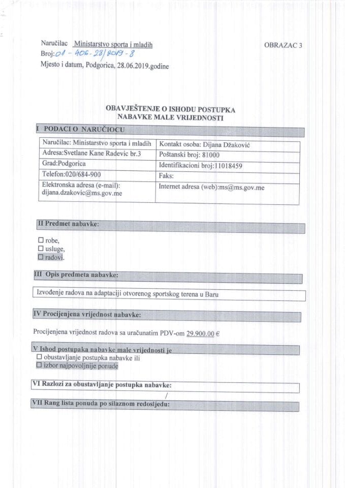 Obavjestenje o Izvođenje radova na adaptaciji otvorenog sportskog terena u Baru.