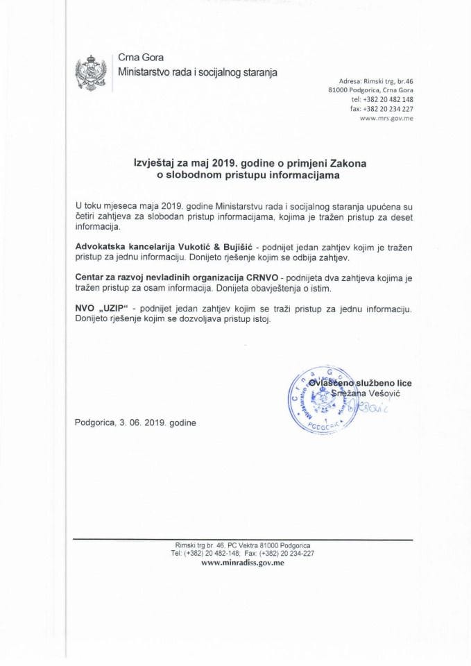 Izvještaj za maj 2019. godine o primjeni Zakona o slobodnom pristupu informacijama