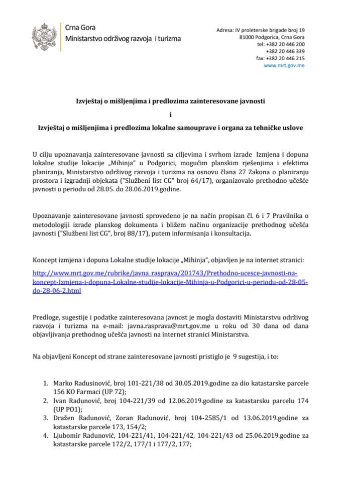 Izvještaj o mišljenjima i predlozima zainteresovane javnosti i Izvještaj o mišljenjima i predlozima lokalne samouprave i organa za tehničke uslove za izradu  Izmjena i dopuna lokalne studije lokacije 