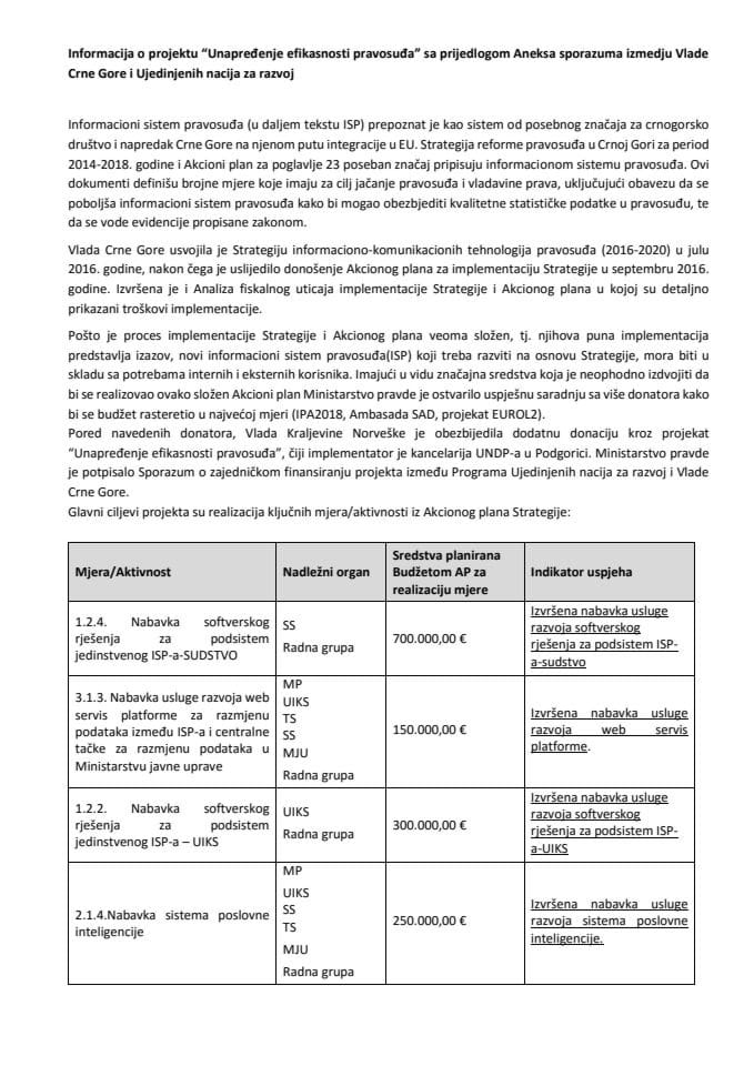Информација о пројекту "Унапређење ефикасности правосуђа" с Предлогом анекса Споразума између Програма Уједињених нација за развој (УНДП) и Владе Црне Горе