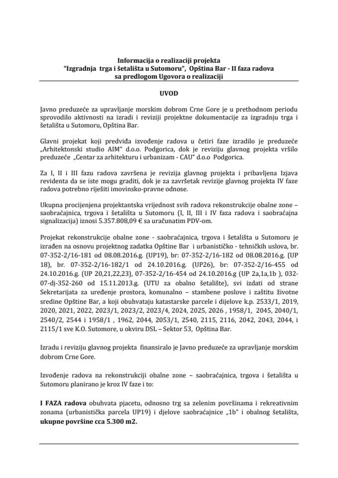 Informacija o realizaciji projekta "Izgradnja trga i šetališta u Sutomoru", Opština Bar - II faza radova s Predlogom ugovora o realizaciji projekta