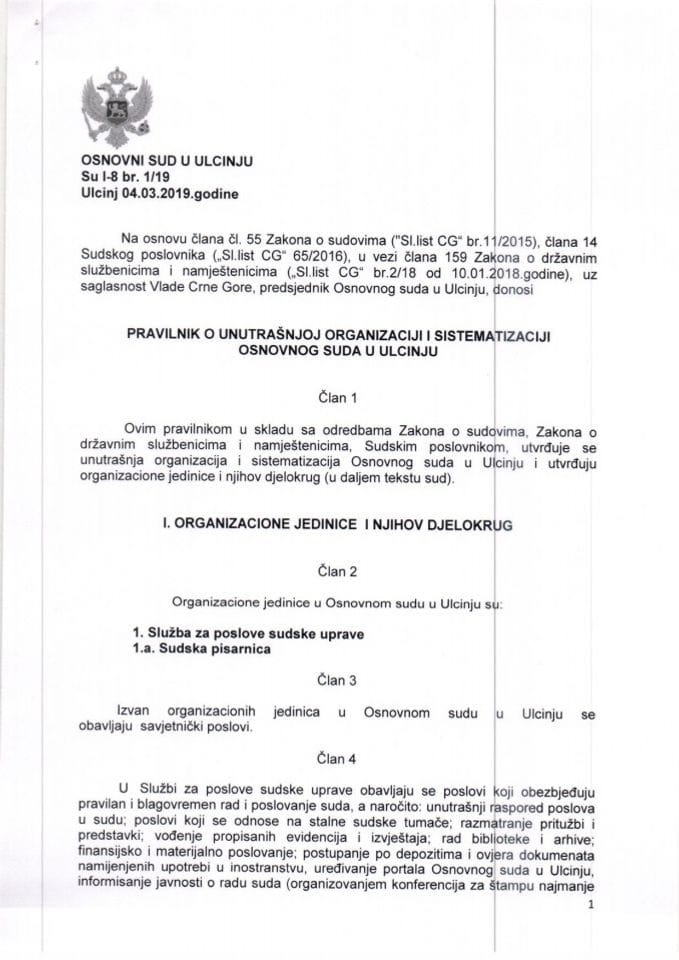 Predlog pravilnika o unutrašnjoj organizaciji i sistematizaciji Osnovnog suda u Ulcinju