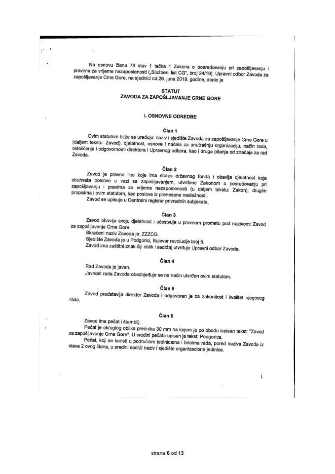 Predlog statuta Zavoda za zapošljavanje Crne Gore (bez rasprave)