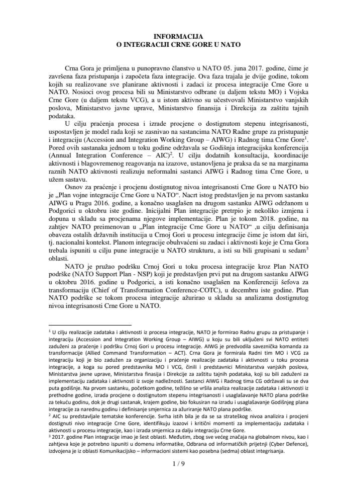 Информација о интеграцији Црне Горе у НАТО с Предлогом декларације о завршетку процеса интеграције Црне Горе у НАТО