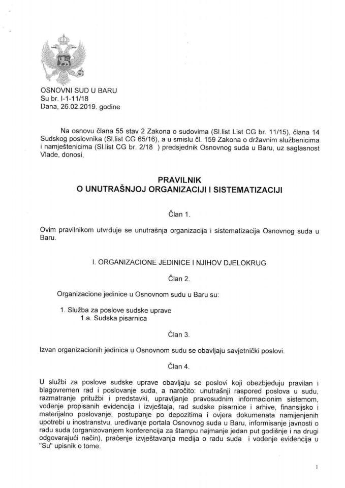 Предлог правилника о унутрашњој организацији и систематизацији Основног суда у Бару