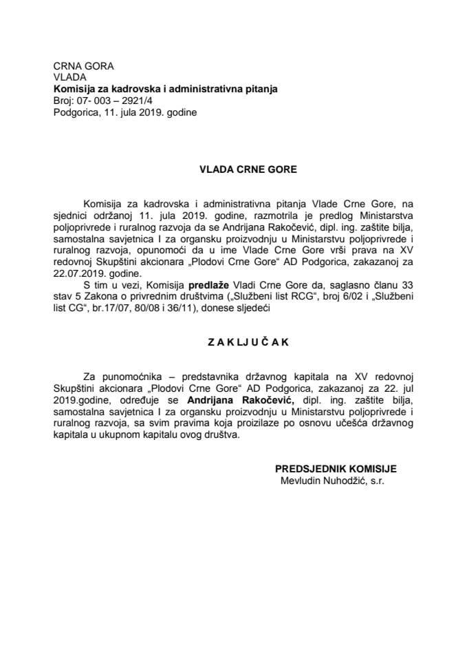Predlog zaključka o određivanju punomoćnika – predstavnika državnog kapitala na XV redovnoj Skupštini akcionara „Plodovi Crne Gore“ AD Podgorica