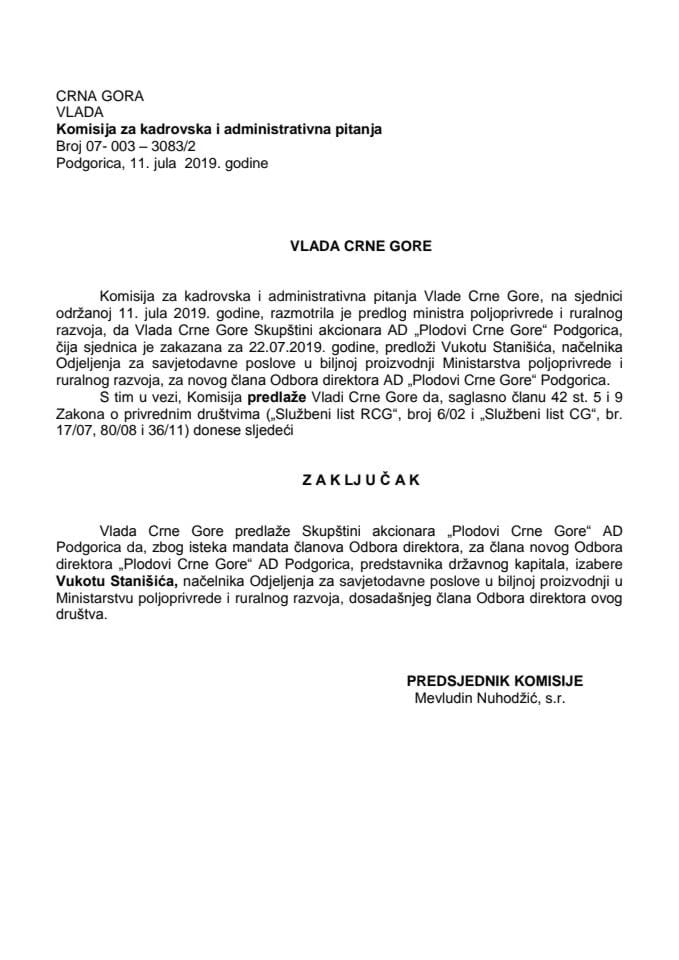 Predlog zaključka o izboru člana Odbora direktora „Plodovi Crne Gore“ AD Podgorica