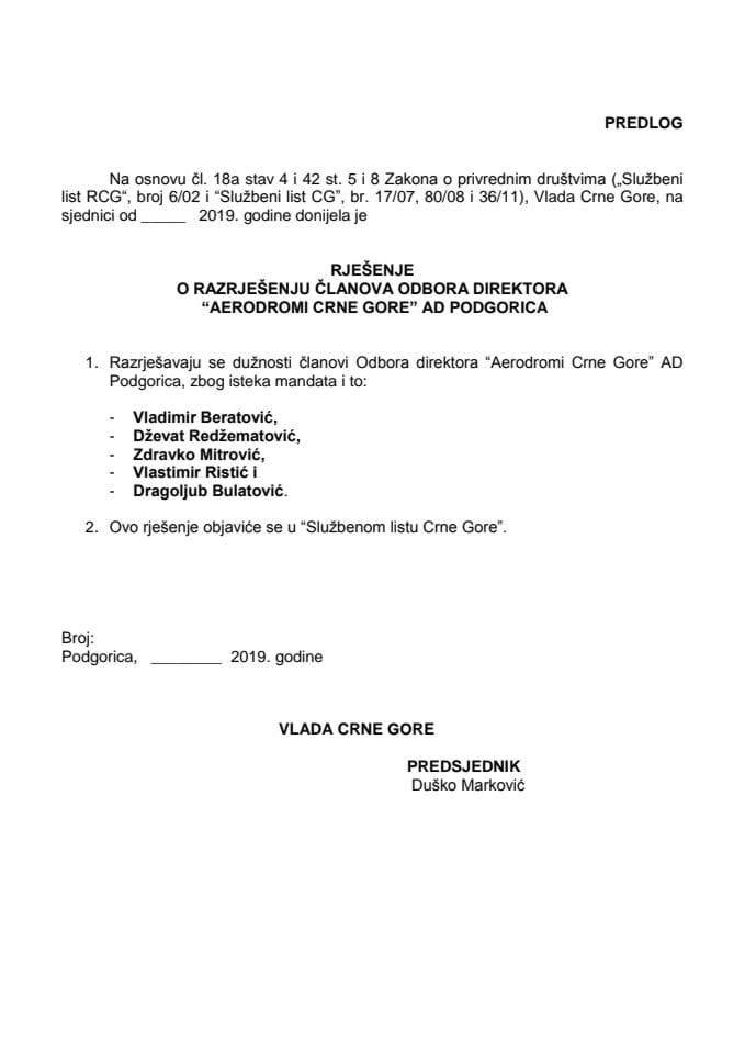 Predlog rješenja o razrješenju i izboru članova Odbora direktora "Aerodromi Crne Gore" AD Podgorica