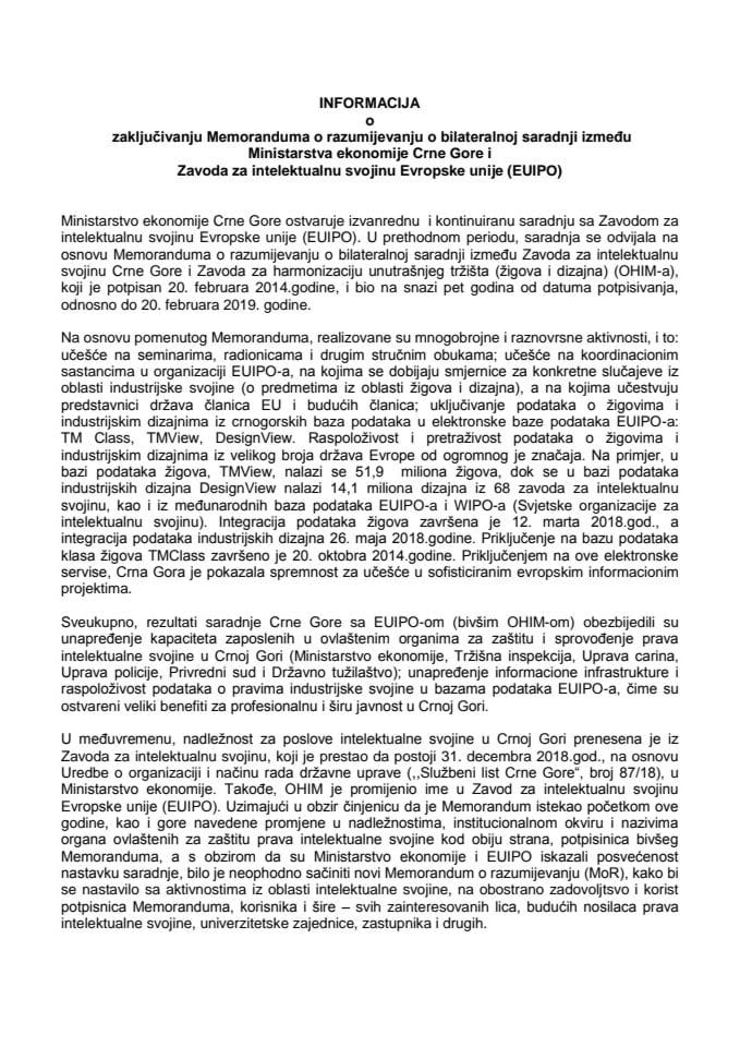 Informacija o zaključivanju Memoranduma o razumijevanju o bilateralnoj saradnji između Ministarstva ekonomije Crne Gore i Zavoda za intelektualnu svojinu Evropske unije (EUIPO) s Predlogom memoranduma