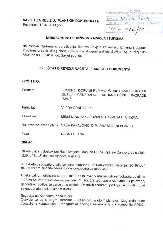 Izvještaj o izvršenoj reviziji Nacrta ID PUP-a Danilovgrad u dijelu GUR-a Spuž