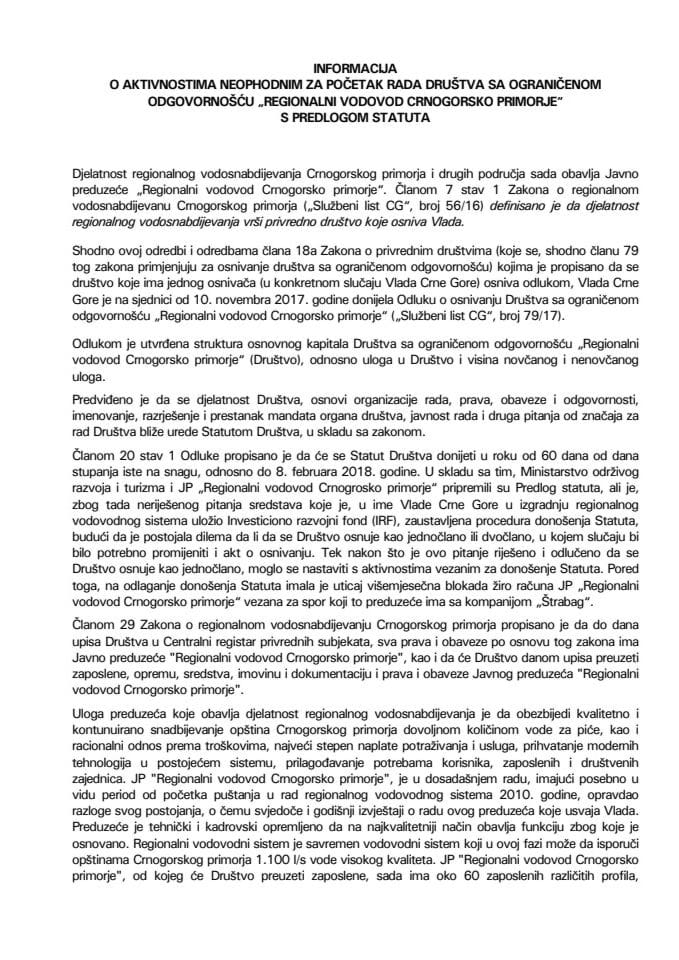 Informacija o aktivnostima neophodnim za početak rada Društva sa ograničenom odgovornošću „Regionalni vodovod Crnogorsko primorje“ s Predlogom statuta Društva sa ograničenom odgovornošću „Regionalni v