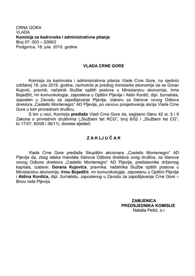 Предлог закључка о избору чланова Одбора директора "Цастелло Монтенегро" АД Пљевља