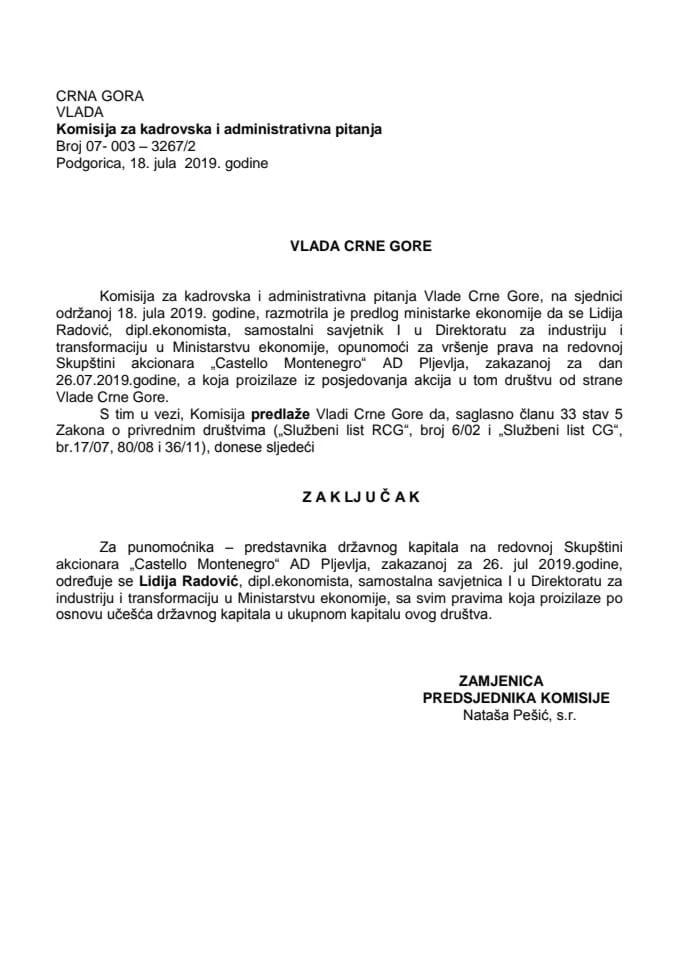 Predlog zaključka o određivanju punomoćnika – predstavnika državnog kapitala na redovnoj Skupštini akcionara „Castello Montenegro“ AD Pljevlja	