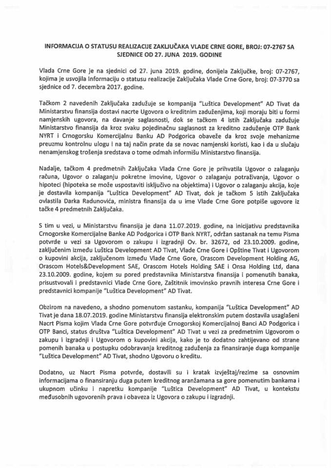 Информација о статусу реализације Закључака Владе Црне Горе, број: 07-2767, са сједнице од 27. јуна 2019. године