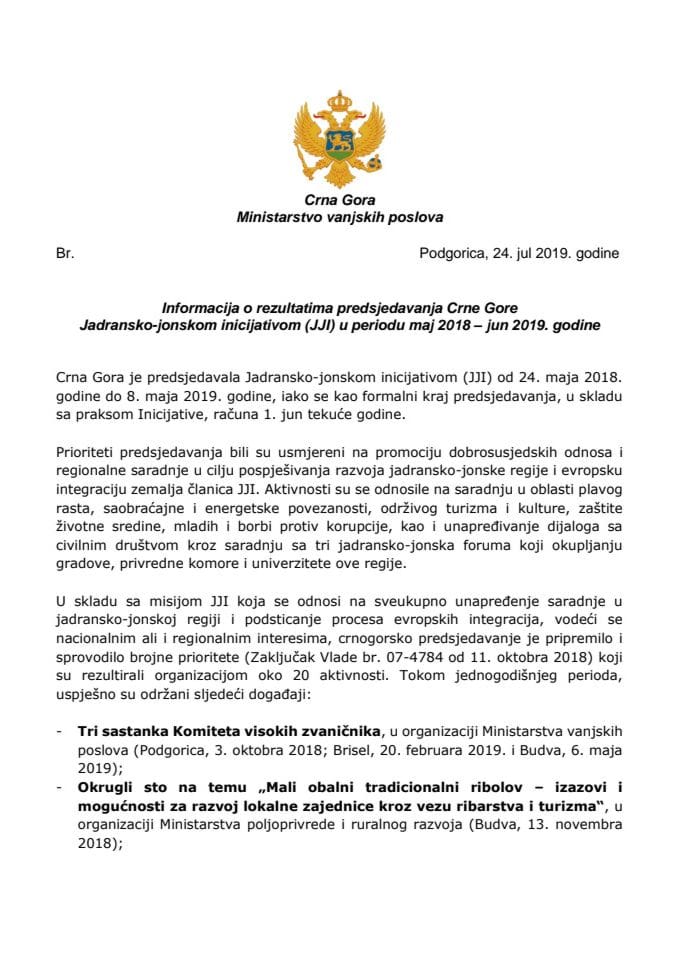Informacija o rezultatima predsjedavanja Crne Gore Jadransko-jonskom inicijativom (JJI) u periodu maj 2018 - jun 2019. godine