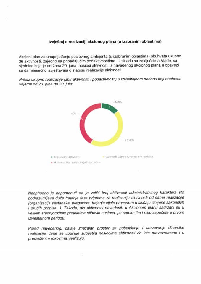 Извјештај о реализацији Акционог плана за унапрјеђење пословног амбијента (у изабраним областима)