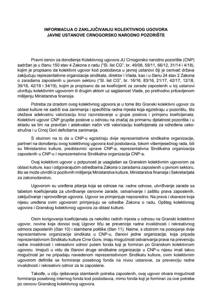 Информација о закључивању колективног уговора Јавне установе Црногорско народно позориште с Предлогом колективног уговора