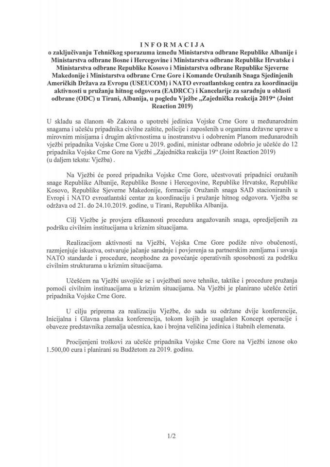 Informacija o zaključivanju Tehničkog sporazuma između Ministarstva odbrane Republike Albanije i Ministarstva odbrane Bosne i Hercegovine i Ministarstva odbrane Republike Hrvatske i Ministarstva odbra