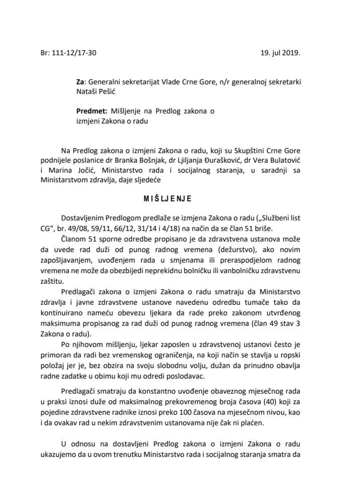 Predlog mišljenja na Predlog zakona o izmjeni Zakona o radu (predlagači poslanice: dr Branka Bošnjak, dr Ljiljana Đurašković, dr Vera Bulatović i Marina Jočić)
