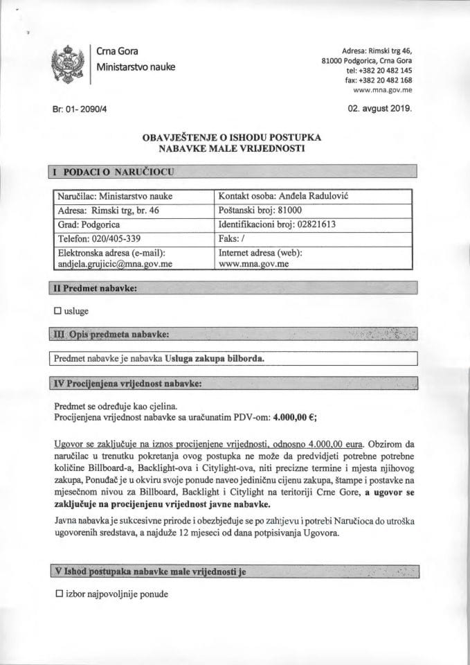 Obavještenje o ishodu postupka - zakup bilborda