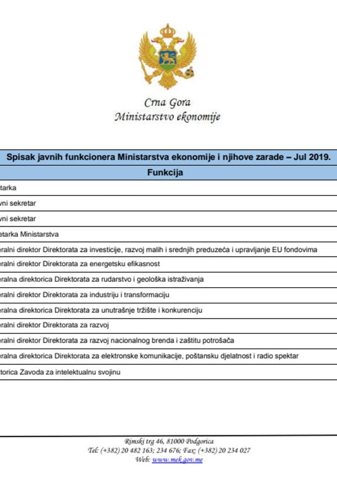 Spisak javnih funkcionera Ministarstva ekonomije i njihove neto i bruto zarade - Jul 2019. 