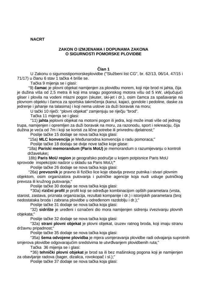 NACRT zakona o izmjenama i dopunama Zakona o sigurnosti pomorske plovidbe