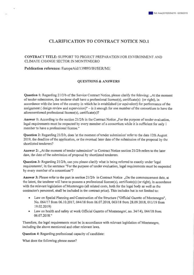 Pojašnjenje br.1 za projekat "Podrška u pripremi projekata za sektor životne sredine i klimatskih akcija u Crnog Gori”