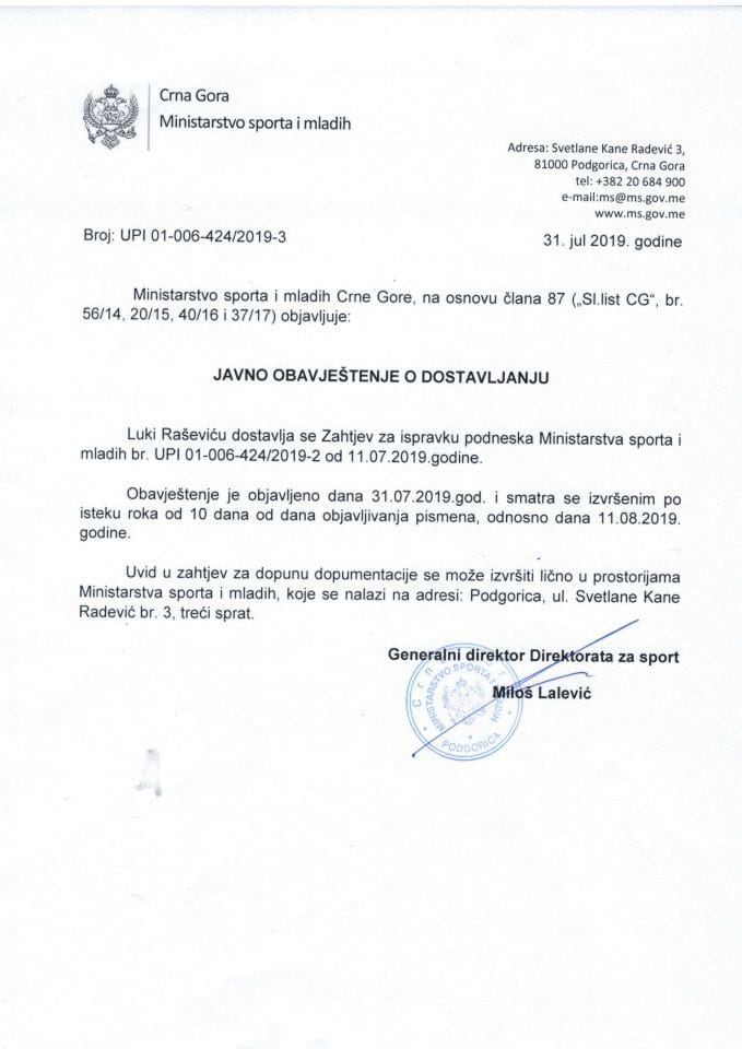 Javno obavještenje Luki Rasevicu